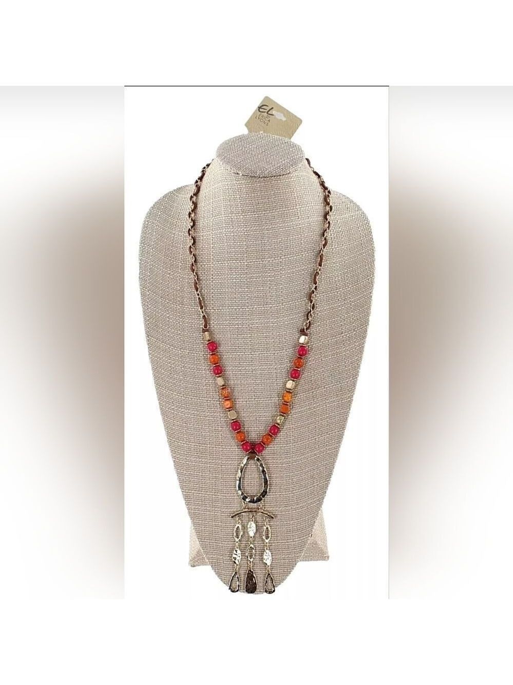 Erica Lyons Gold Necklace with Orange & Fuchsia Elements NWT 30" Pendant 5"